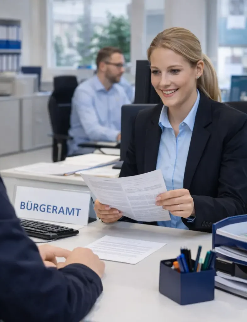 Freundlich lächelnde Sachbearbeiterin im Bürgeramt berät eine Person am Schalter