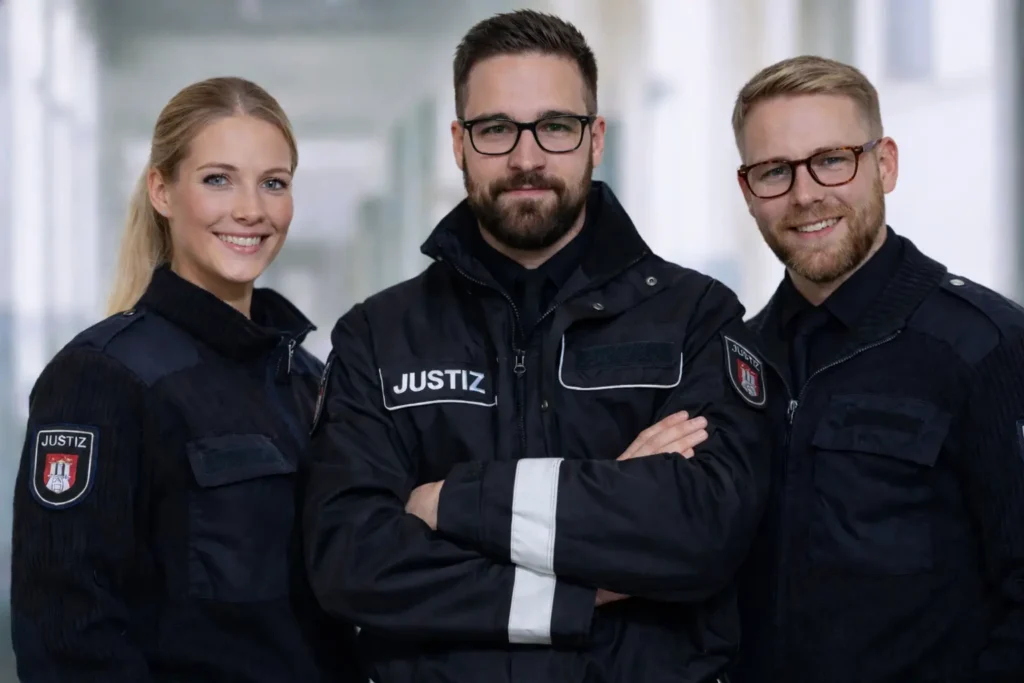 Drei lächelnde Justizvollzugsbeamte in dunkler Uniform mit Justiz-Wappen